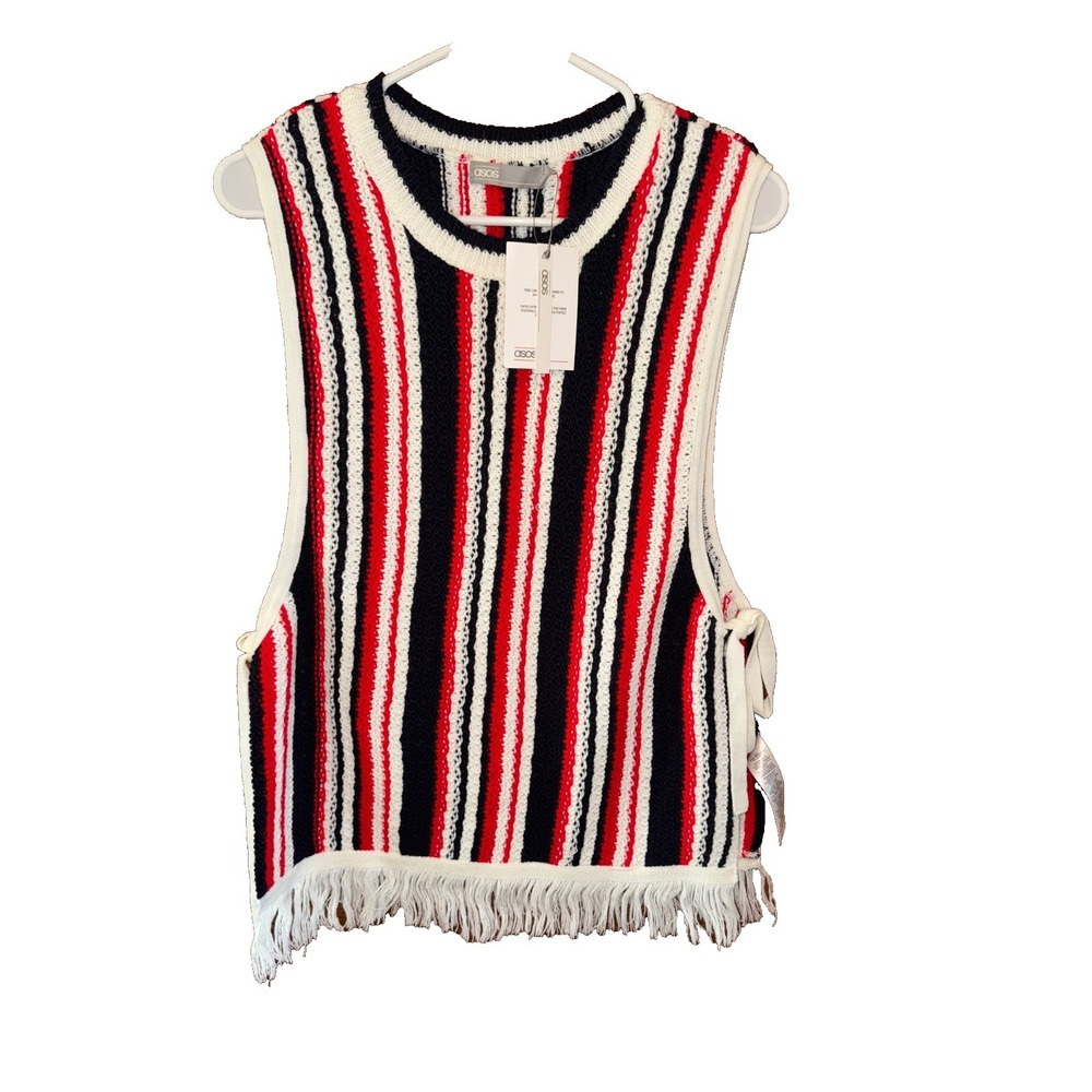 NWT ASOS Striped Knit Waistcoat Sleeveless Fringe Sweater Tunic Tank Top Sz 6